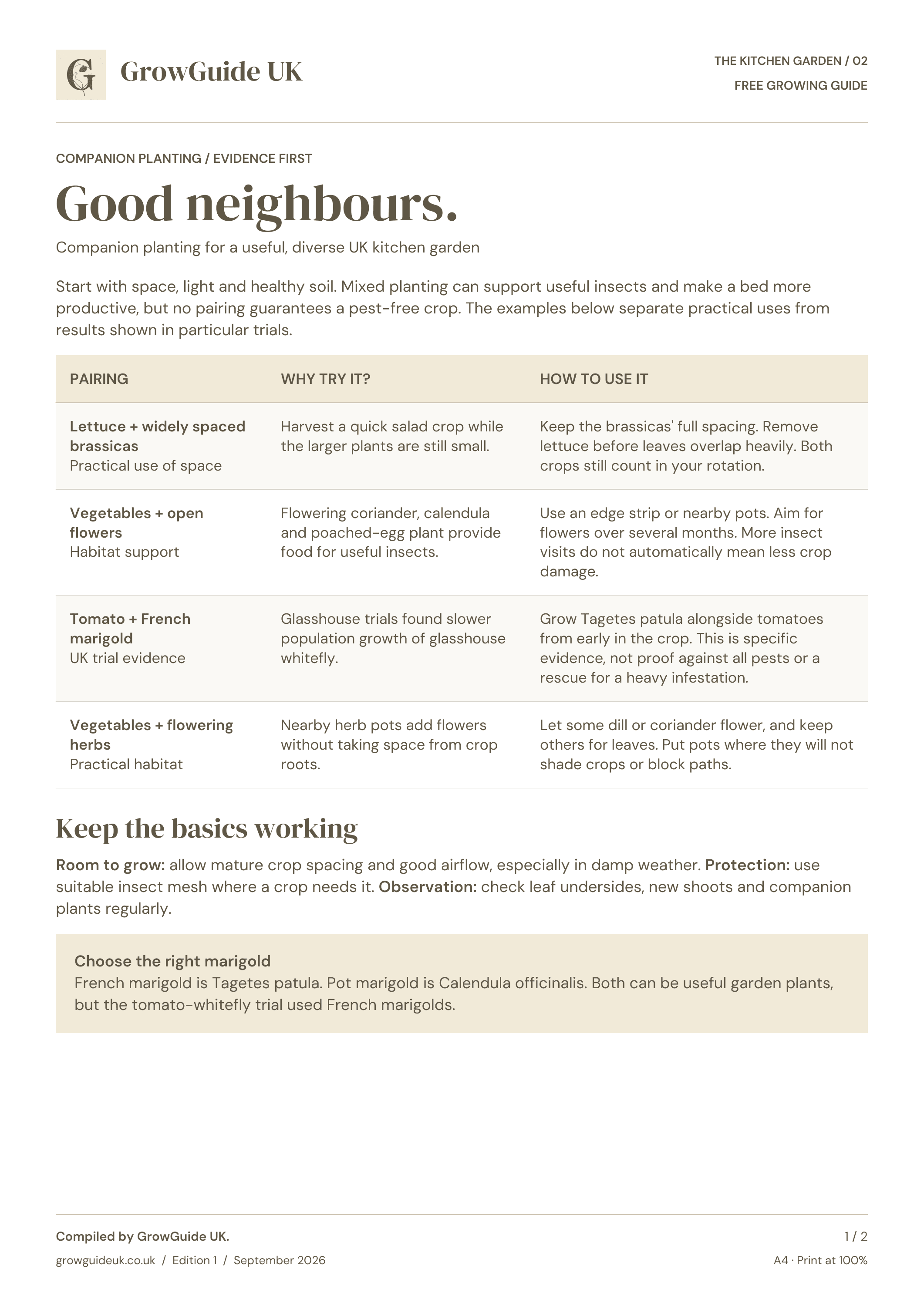 GrowGuide UK Companion planting A4 guide, page 1 of 2.