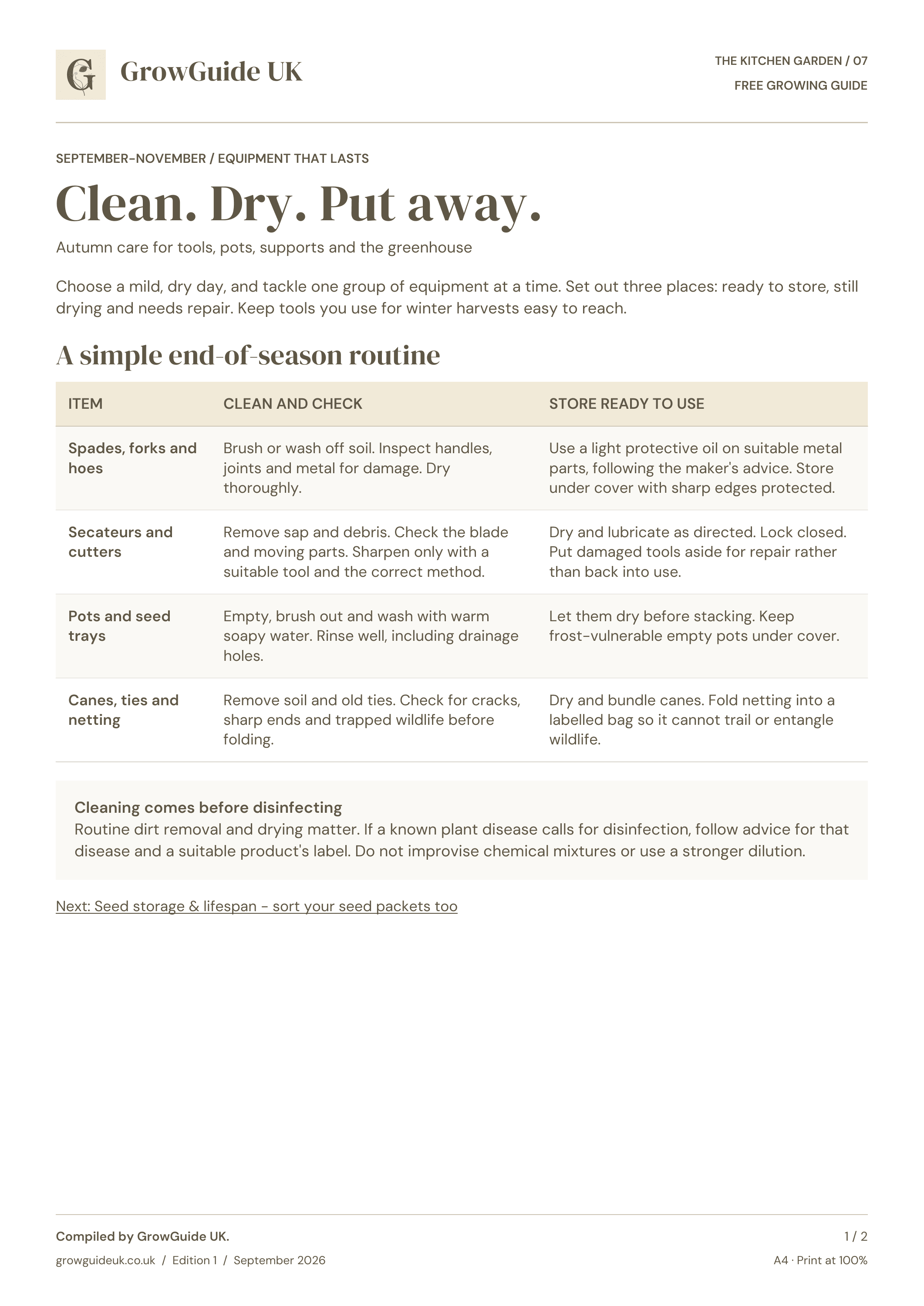 GrowGuide UK Tools & greenhouse care, page 1 of 2: Autumn cleaning and storage chart for tools, pots and supports.