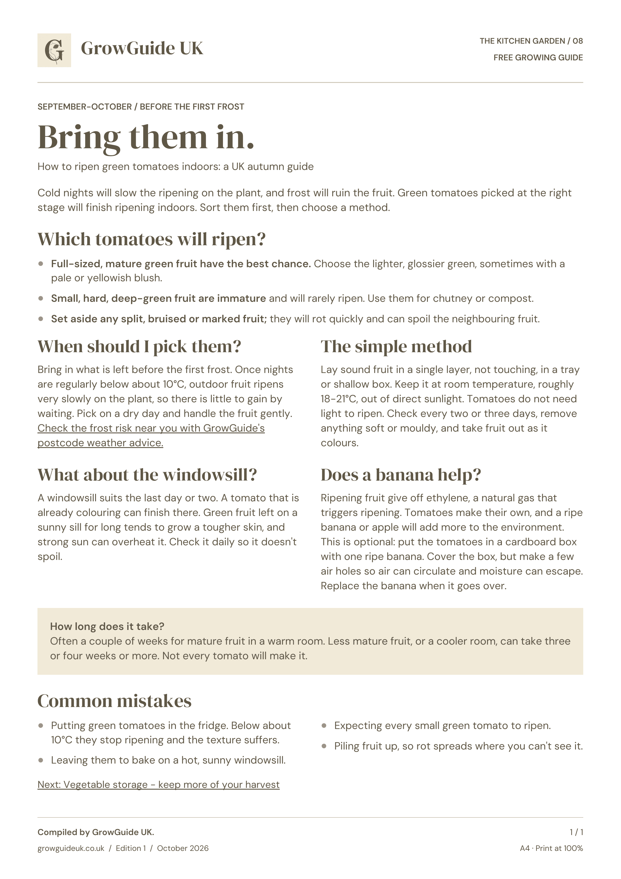 GrowGuide UK Ripening green tomatoes, one page: which tomatoes will ripen, when to pick them, the tray, windowsill and banana methods, and common mistakes.